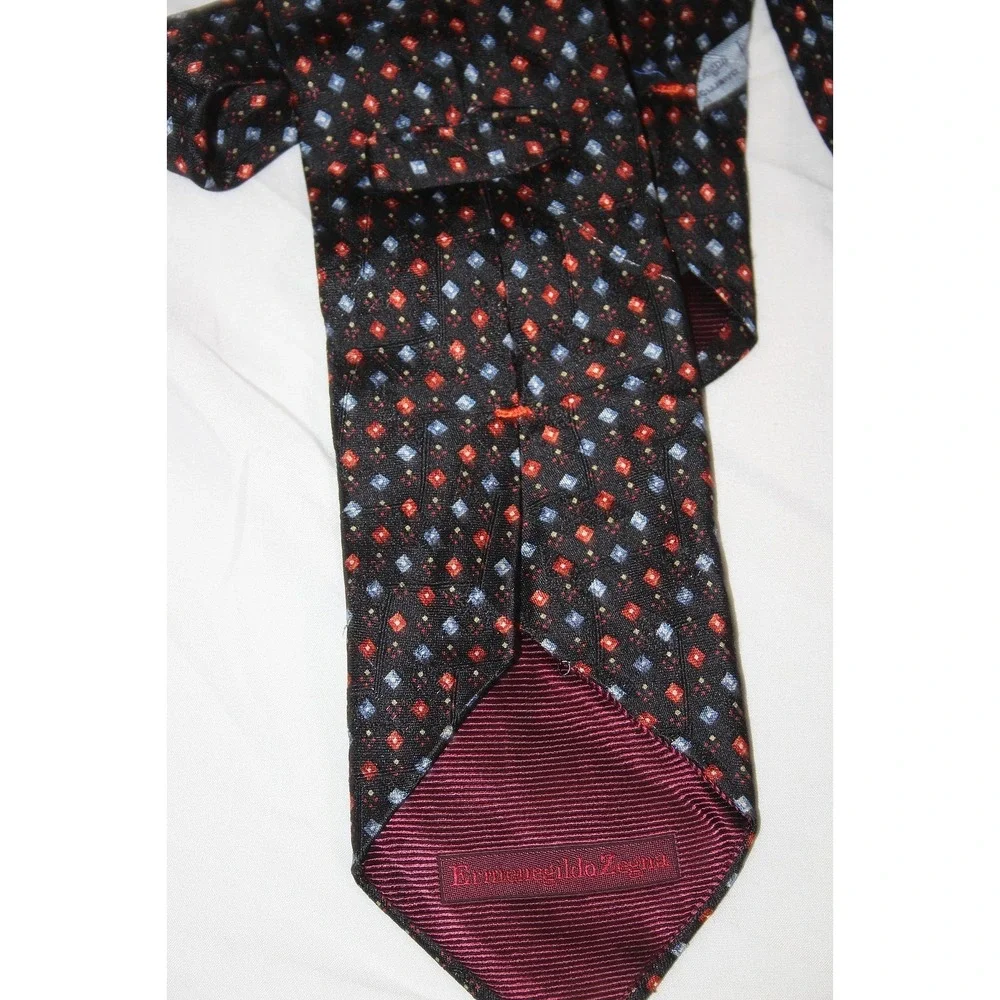 ERMENEGILDO ZEGNA Silk Tie Black Blue Red Geometric Italy 58 x 3.75